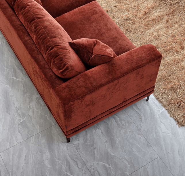 Aluxo Lenox Mid-Century Modern Sofa in Rust Velvet with Plush Cushions and Wooden Plinth - UK Luxury Furniture