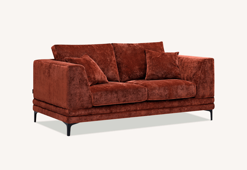 Aluxo Lenox Mid-Century Modern Sofa in Rust Velvet with Plush Cushions and Wooden Plinth - UK Luxury Furniture