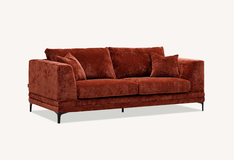 Aluxo Lenox Mid-Century Modern Sofa in Rust Velvet with Plush Cushions and Wooden Plinth - UK Luxury Furniture