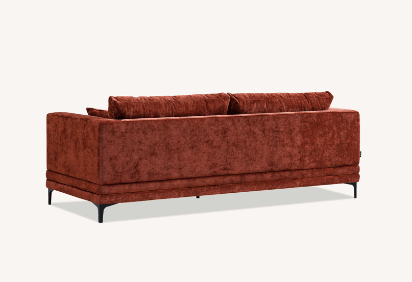 Aluxo Lenox Mid-Century Modern Sofa in Rust Velvet with Plush Cushions and Wooden Plinth - UK Luxury Furniture