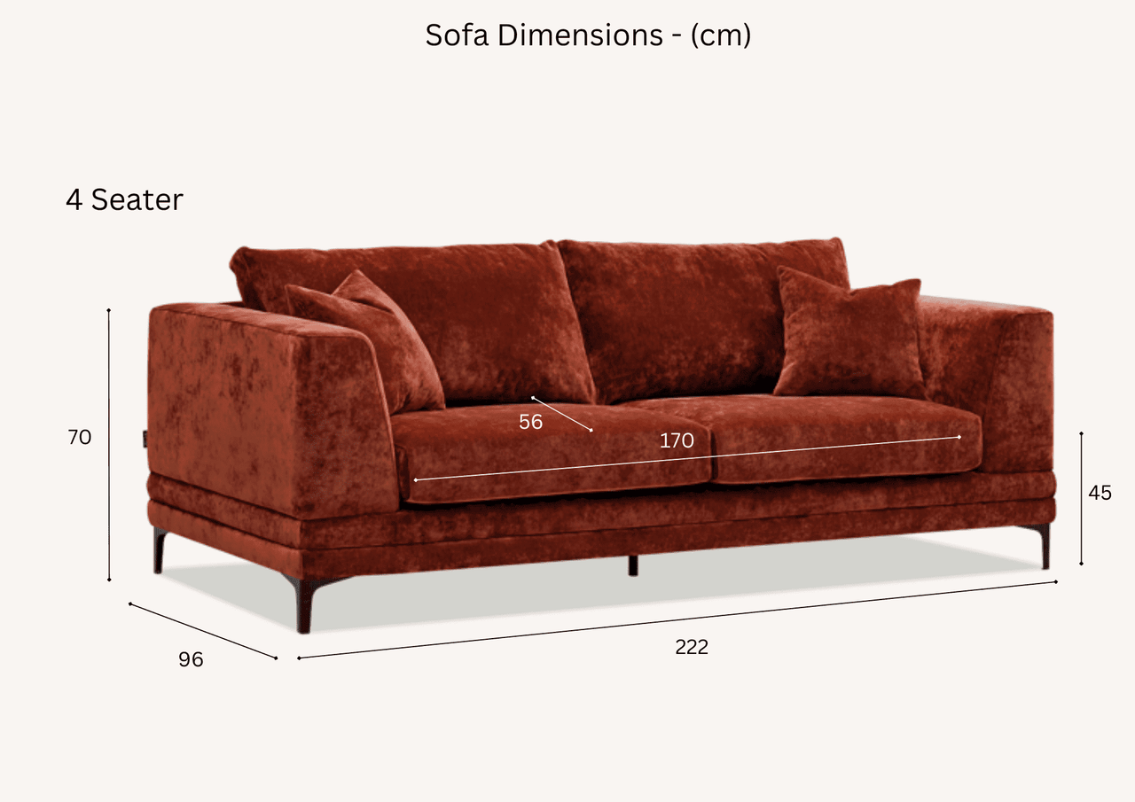 Aluxo Lenox Mid-Century Modern Sofa in Rust Velvet with Plush Cushions and Wooden Plinth - UK Luxury Furniture