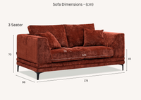 Aluxo Lenox Mid-Century Modern Sofa in Rust Velvet with Plush Cushions and Wooden Plinth - UK Luxury Furniture