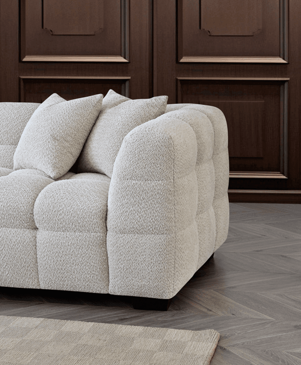 Luxurious Aluxo Tribeca Corner Sofa in Oatmeal Boucle Fabric – Contemporary Chesterfield Design - UK Luxury Furniture