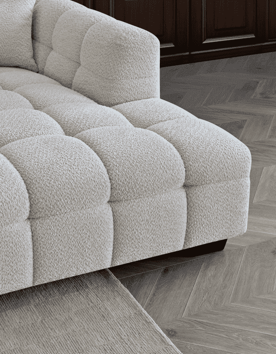 Luxurious Aluxo Tribeca Corner Sofa in Oatmeal Boucle Fabric – Contemporary Chesterfield Design - UK Luxury Furniture