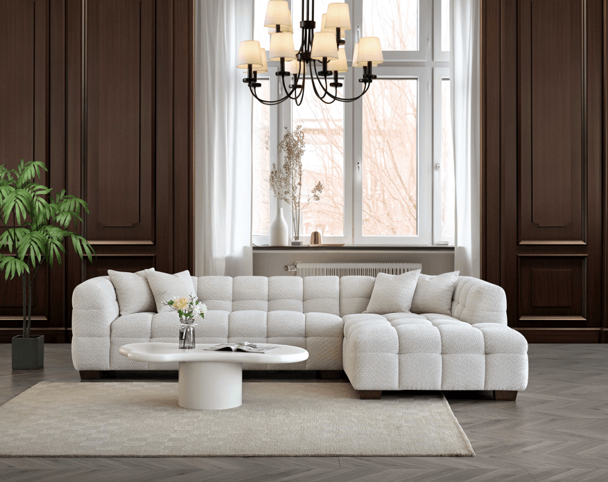 Luxurious Aluxo Tribeca Corner Sofa in Oatmeal Boucle Fabric – Contemporary Chesterfield Design - UK Luxury Furniture