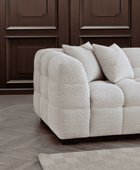 Luxury Tribeca Sofa in Soft Oatmeal Boucle Fabric - Contemporary Chesterfield Design with Deep Channel Stitching - UK Luxury Furniture