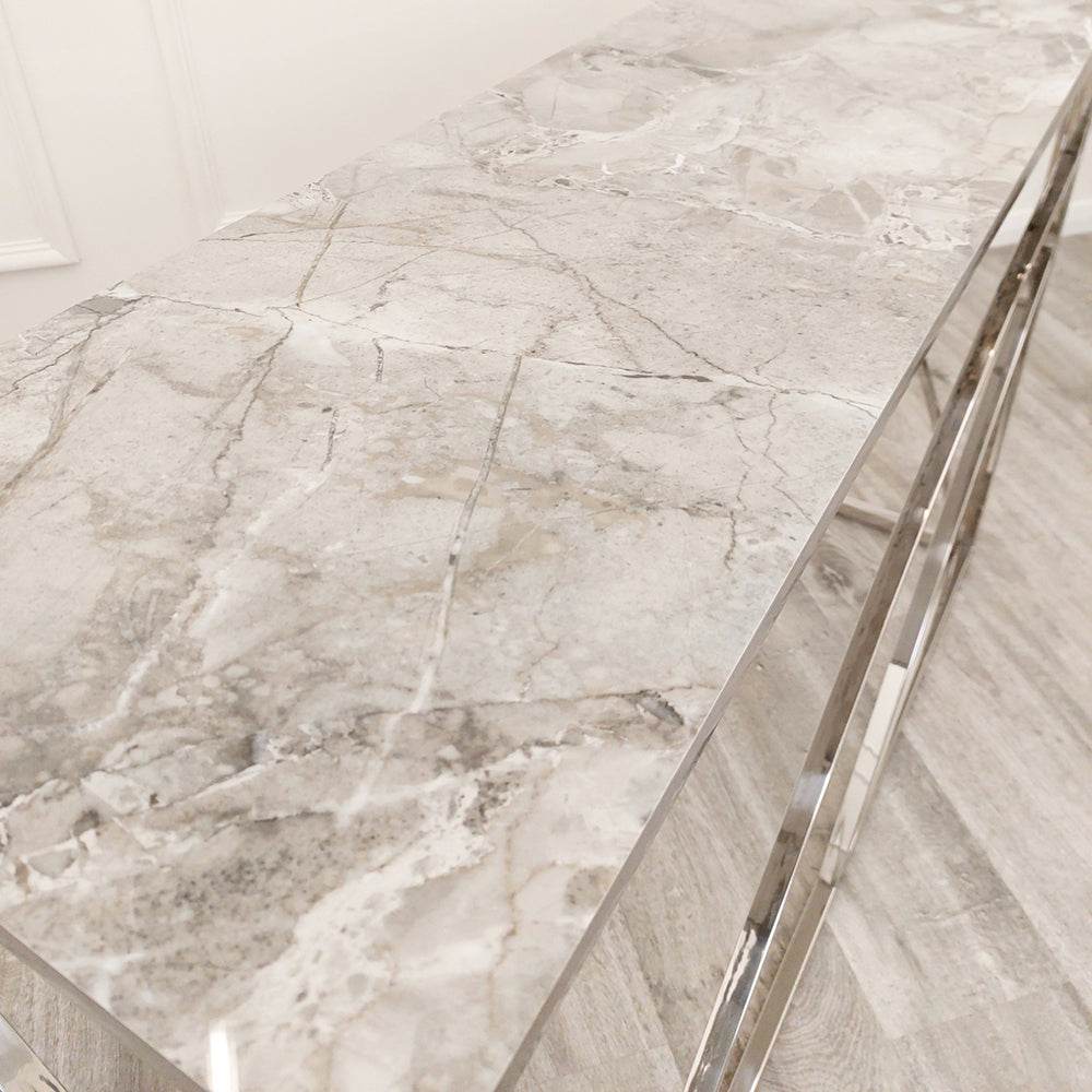 Stella Chrome Console Table - Elegant Ash Grey Sintered Top, H: 77cm W: 120cm D: 40cm - UK Luxury Furniture