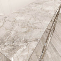 Stella Chrome Console Table - Elegant Ash Grey Sintered Top, H: 77cm W: 120cm D: 40cm - UK Luxury Furniture