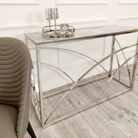 Stella Chrome Console Table - Elegant Ash Grey Sintered Top, H: 77cm W: 120cm D: 40cm - UK Luxury Furniture