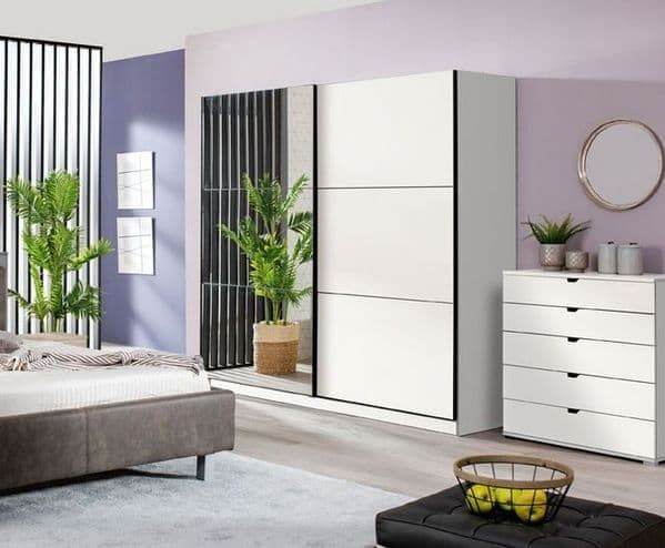 Valentina White 220cm Contemporary Sliding Wardrobe with Integrated Full-Length Mirror - UK Luxury Furniture