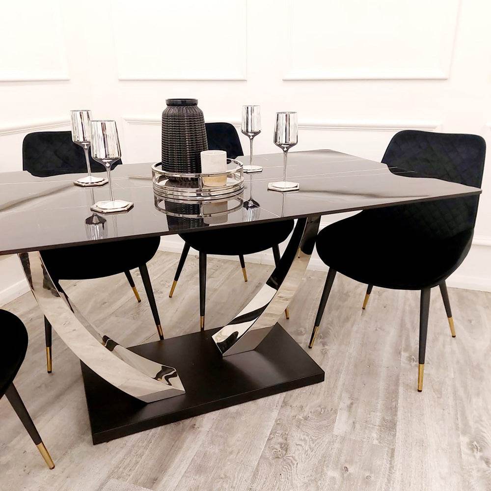 Venus 1.6m Dining Table - Black Sintered Stone Top with Chrome Pedestal Legs - UK Luxury Furniture