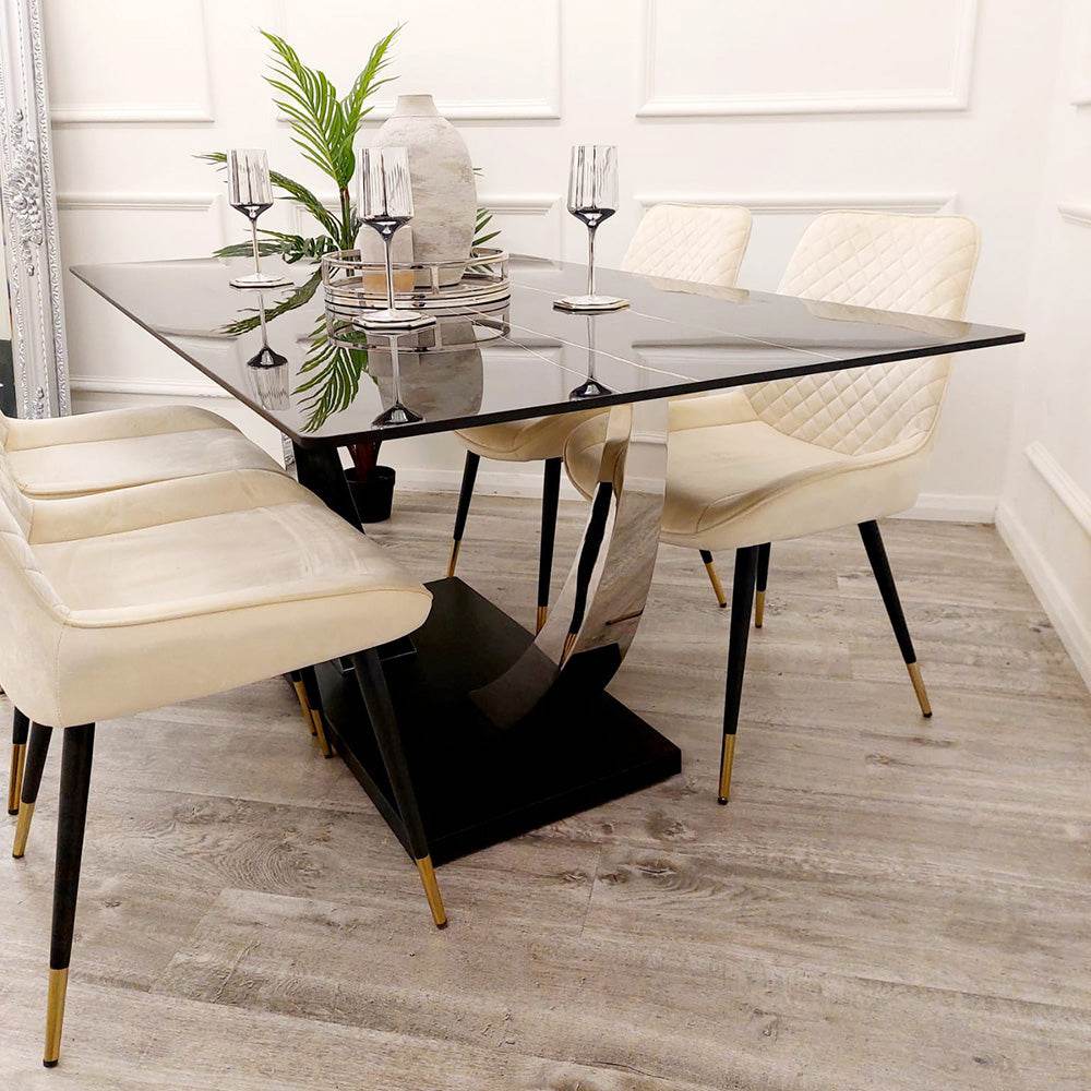 Venus 1.6m Dining Table - Black Sintered Stone Top with Chrome Pedestal Legs - UK Luxury Furniture