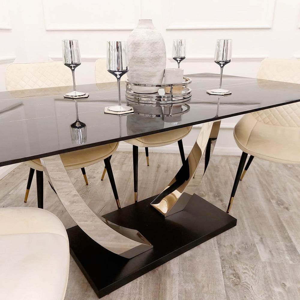 Venus 1.6m Dining Table - Black Sintered Stone Top with Chrome Pedestal Legs - UK Luxury Furniture