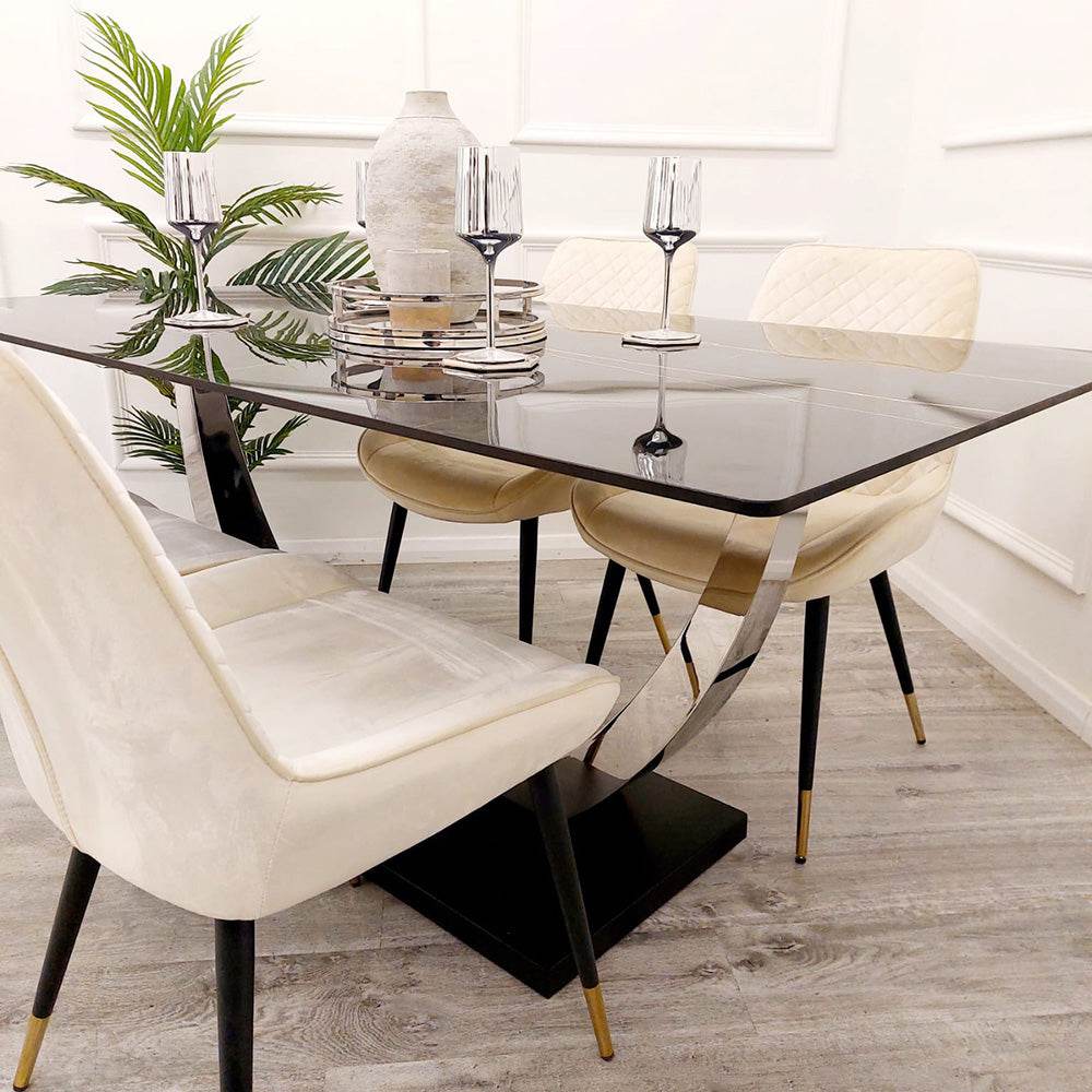 Venus 1.6m Dining Table - Black Sintered Stone Top with Chrome Pedestal Legs - UK Luxury Furniture