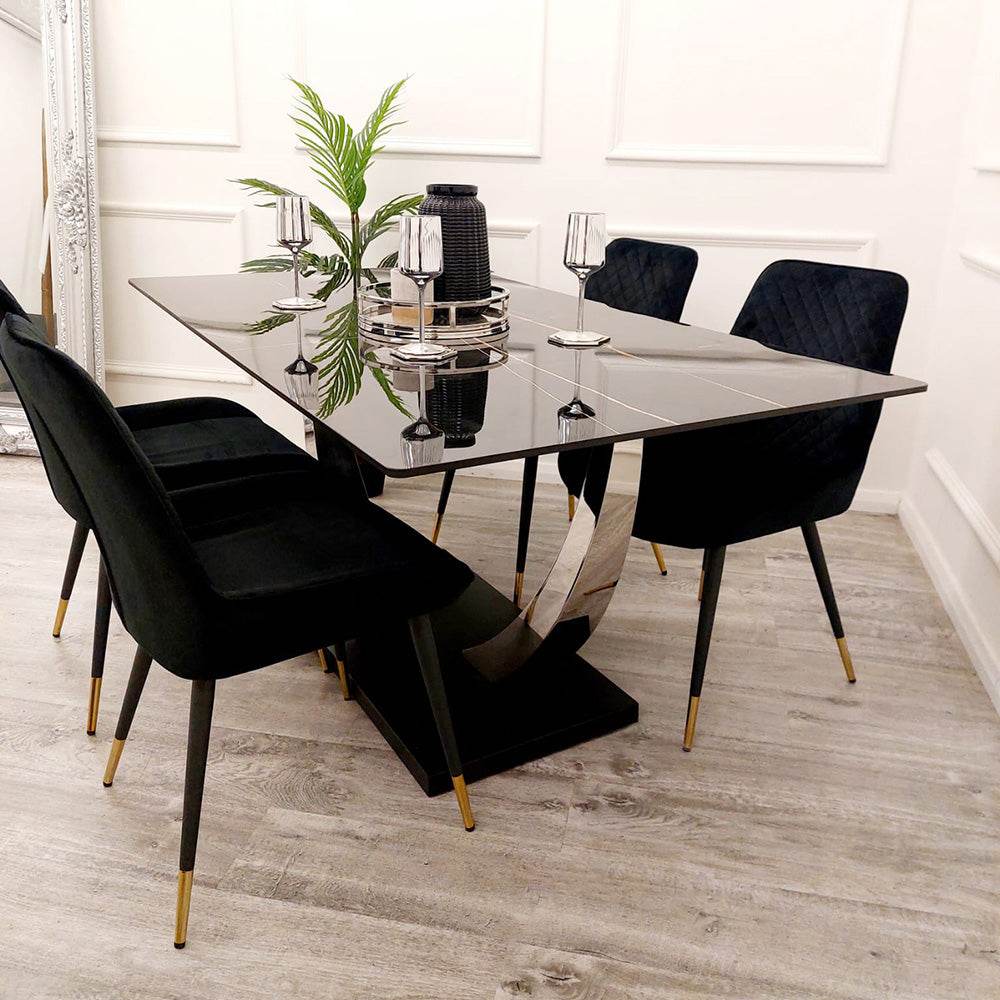 Venus 1.6m Luxury Dining Table with Black Sintered Stone Top & 4 Elegant Luna Chairs - UK Luxury Furniture