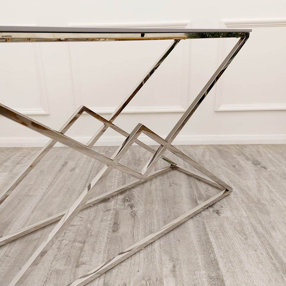 Vesta Chrome Console Table with Stomach Ash Sintered Stone Top - 120cm W x 40cm D x 70cm H - UK Luxury Furniture
