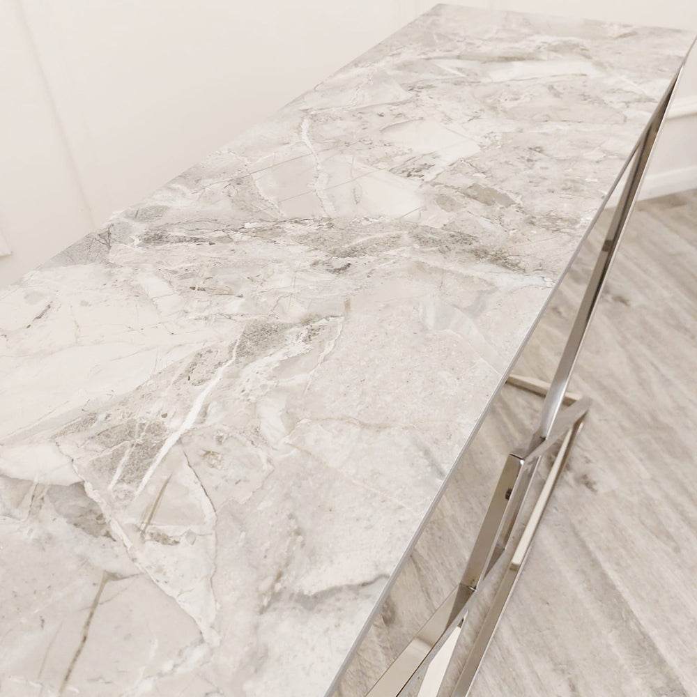Vesta Chrome Console Table with Stomach Ash Sintered Stone Top - 120cm W x 40cm D x 70cm H - UK Luxury Furniture