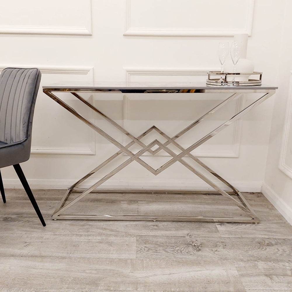 Vesta Chrome Console Table with Stomach Ash Sintered Stone Top - 120cm W x 40cm D x 70cm H - UK Luxury Furniture