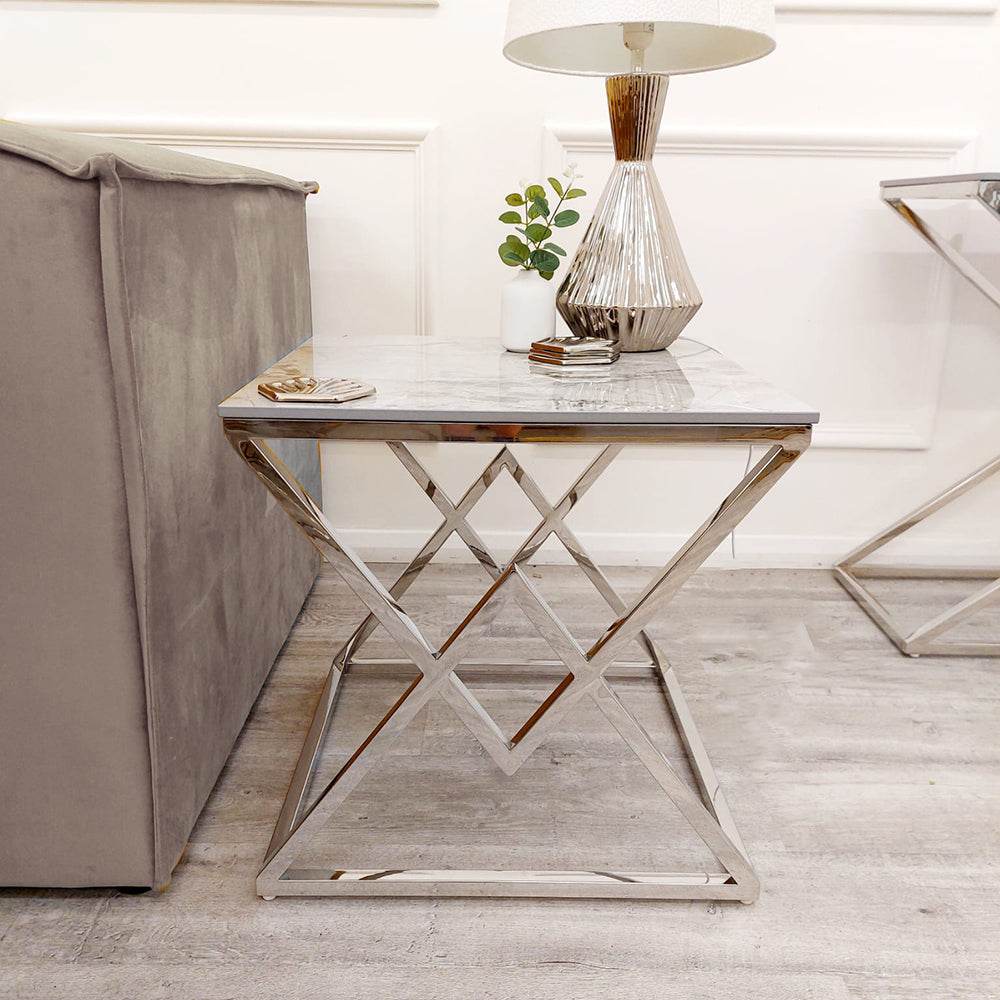 Vesta Chrome Lamp Table With Stomach Ash Sintered Stone Top - 55cm Luxury Design - UK Luxury Furniture