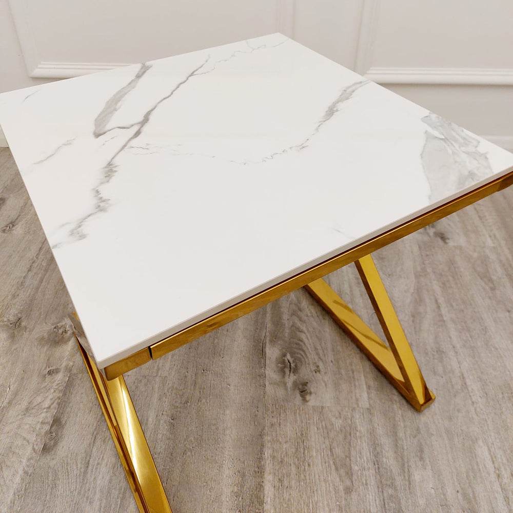 Zion Gold Lamp Table with Polar White Sintered Top - 50cm Luxurious Design for Elegant Interiors - UK Luxury Furniture